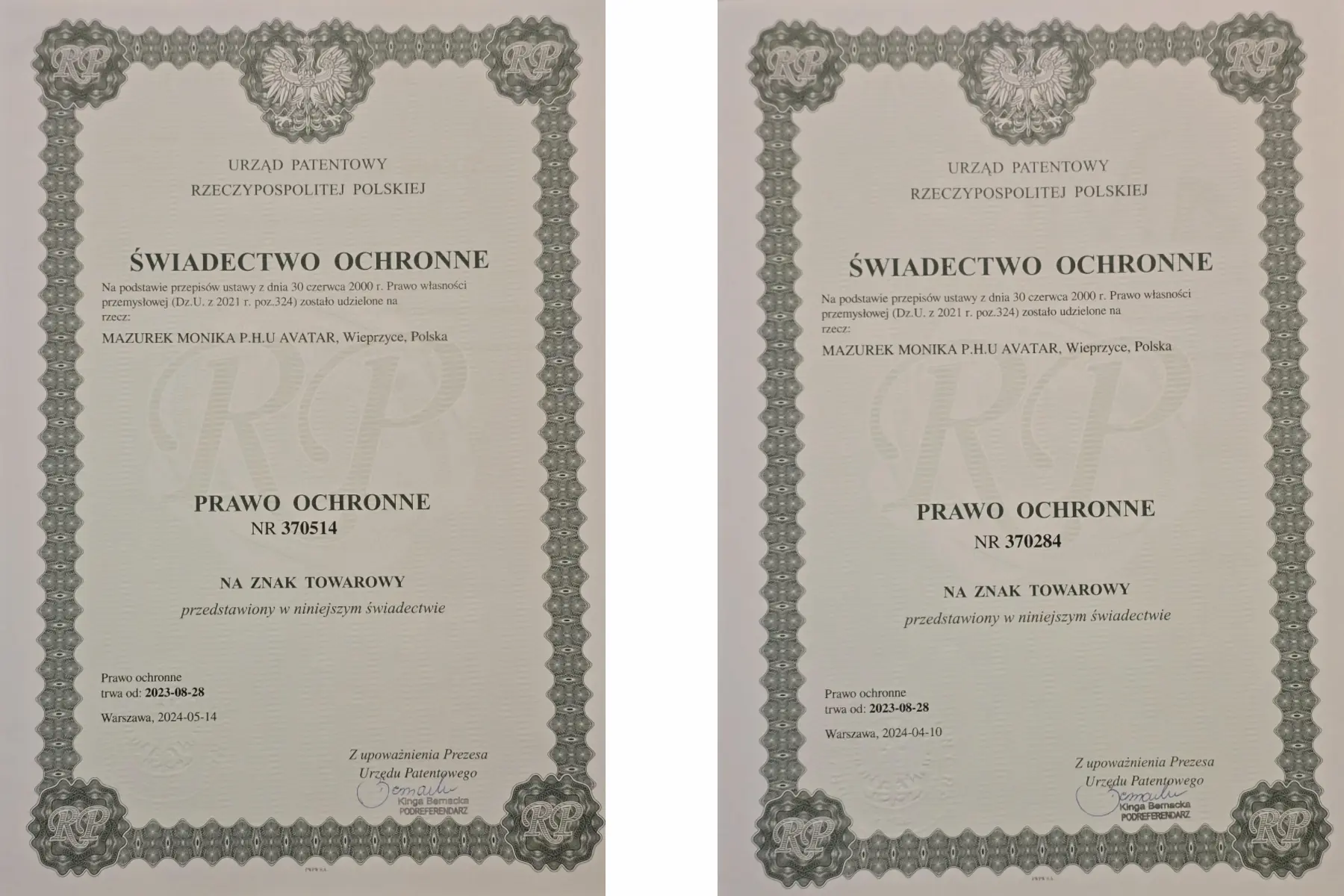 DiamentowoMi® – Oficjalne świadectwo ochronne Urzędu Patentowego RP potwierdzające rejestrację znaku towarowego i nazwy firmy.