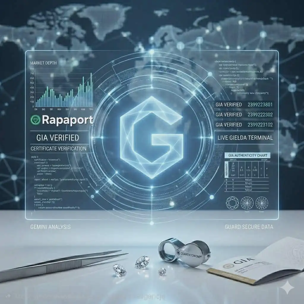 Terminal Giełdowy LIVE DiamentowoMi: Cyfrowe Serce Gwardii Gemini AI skanuje dane Rapaport, weryfikuje certyfikaty GIA i dostarcza wiedzę prosto z Antwerpii i Tel Awiwu.