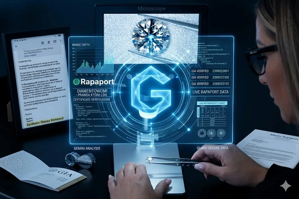 Monika – Strateg DiamentowoMi podczas fizycznej weryfikacji brylantów pod mikroskopem na tle terminalu giełdowego Live Rapaport.